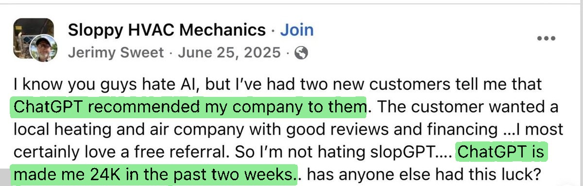 Jerimy Sweet's Facebook post about ChatGPT recommending his company
