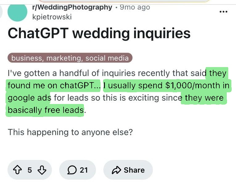 Reddit wedding photographer post about inquiries that found him on ChatGPT