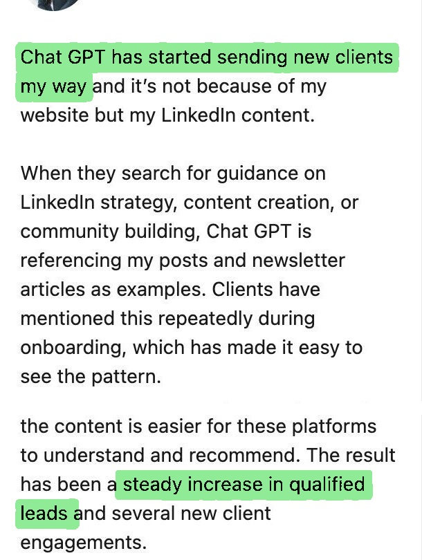 Andy Hill LinkedIn post about new clients arriving through ChatGPT